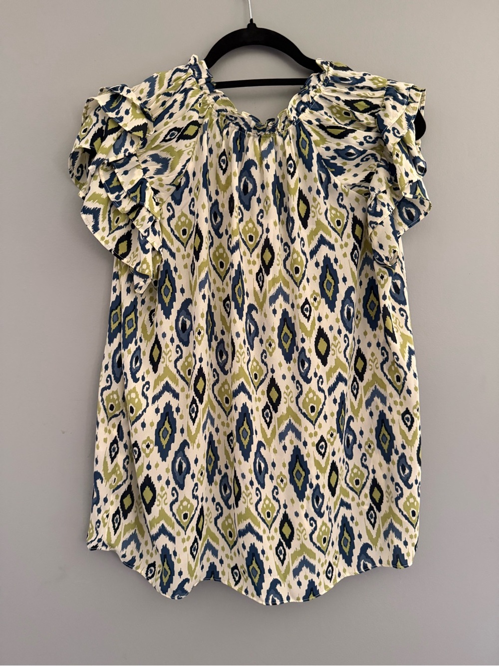 Rose & Olive Navy and Olive Ikat Ruffle Sleeve Blouse